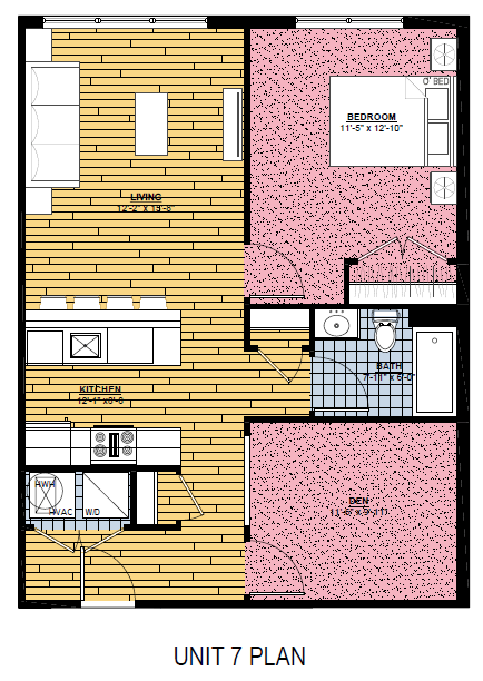 Floor plan for 1 bed, 1 bath, 764 sqft
